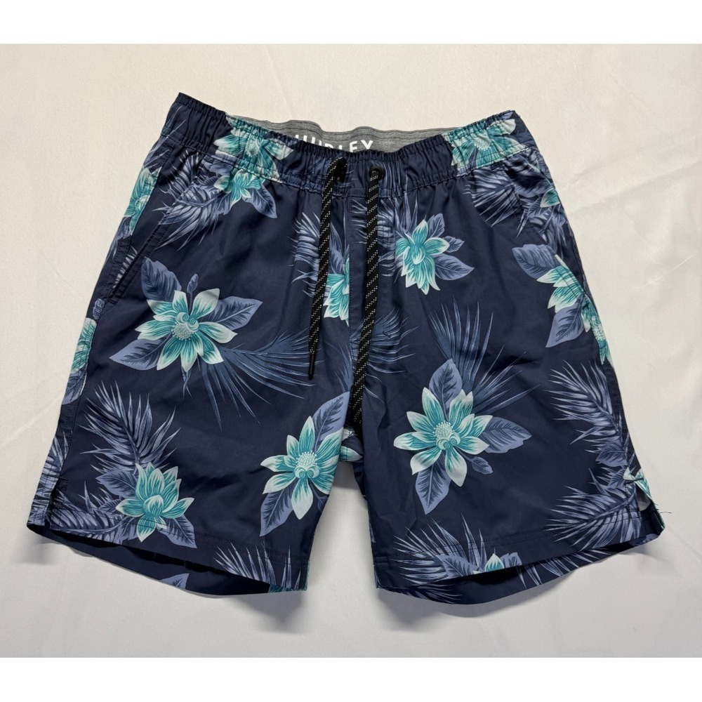 Hurley Volley Trunks Shorts Men Small Navy Blue Tropical Hibiscus Print Swimwear
